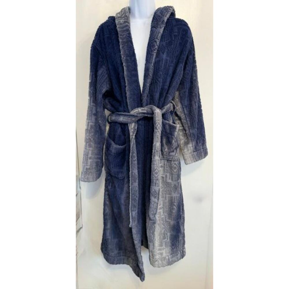 Pendleton Pattern Hooded Robe S M Blue Grey Terry Cloth